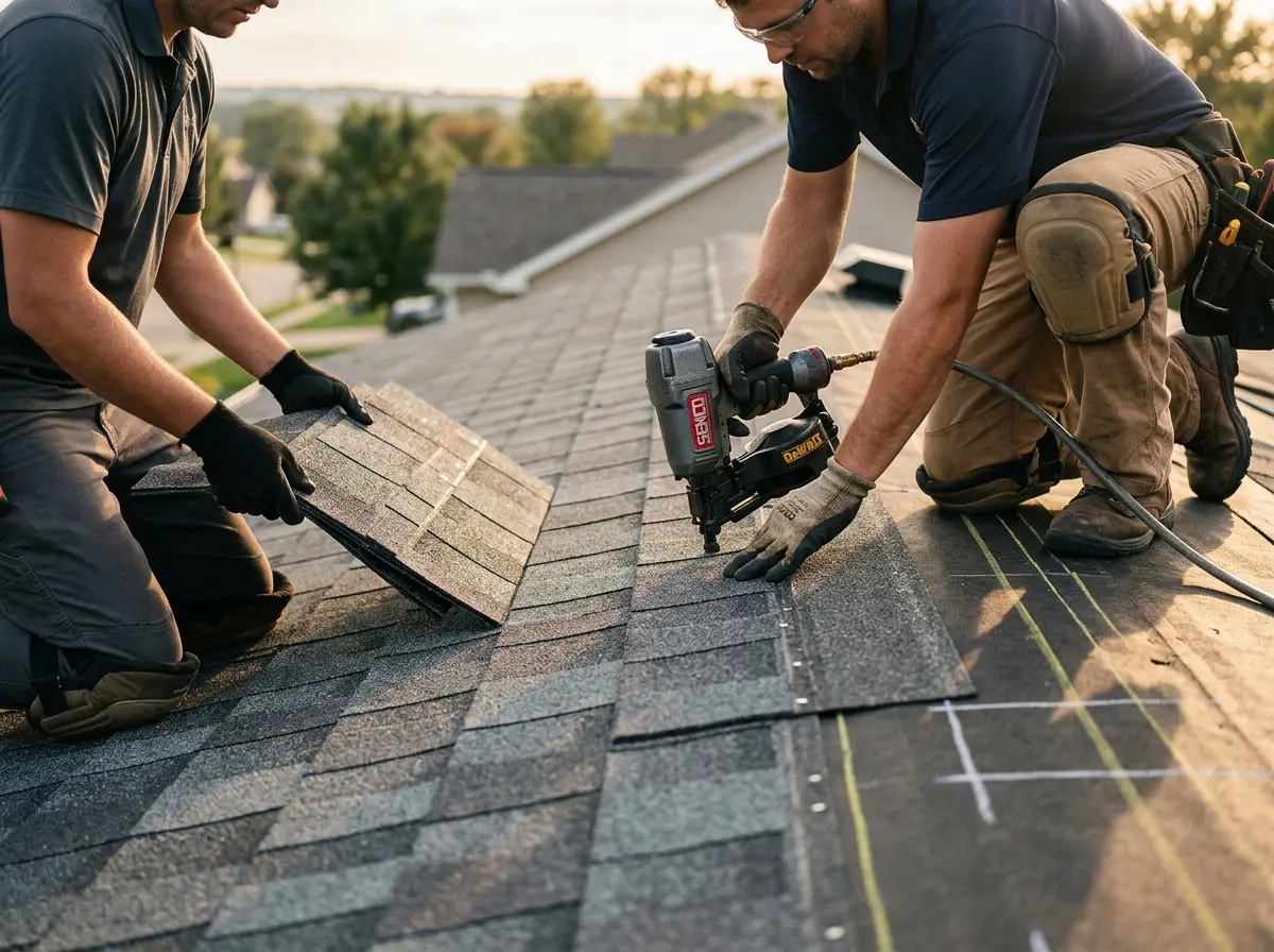 Professional roofer working on a residential roof in Lake Station
